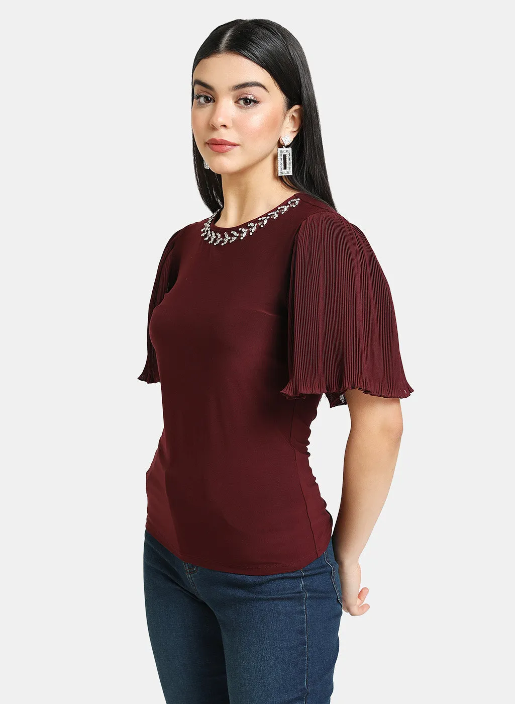 Pleated Sleeve Top With Embellished Neckline