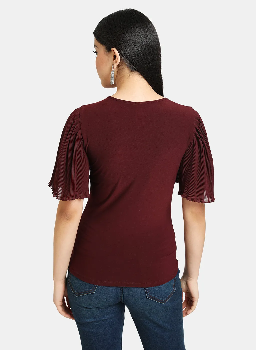 Pleated Sleeve Top With Embellished Neckline