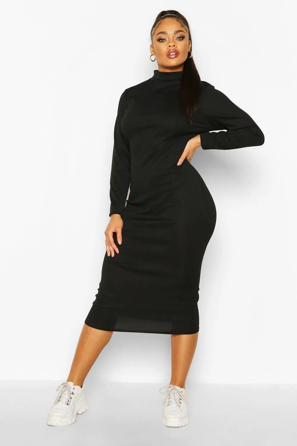 Plus Rib Knit Turtleneck Midi Dress