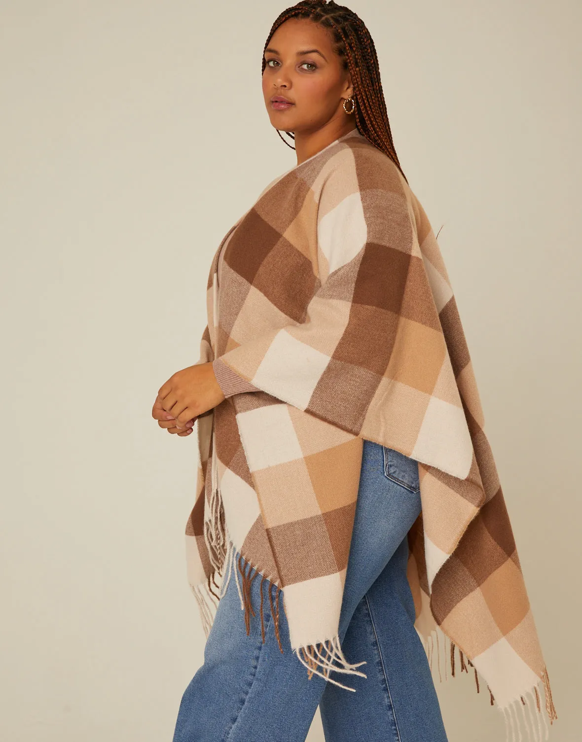 Plus Size Fringe Trim Plaid Poncho