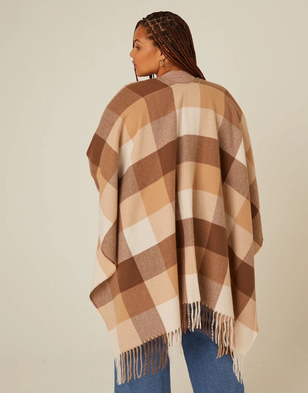 Plus Size Fringe Trim Plaid Poncho