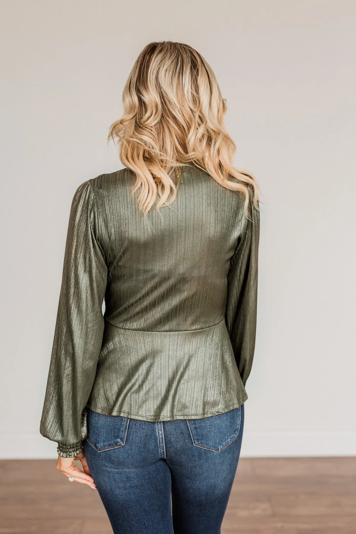 Popping Champagne Shimmering V-Neck Top- Olive