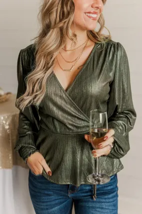 Popping Champagne Shimmering V-Neck Top- Olive