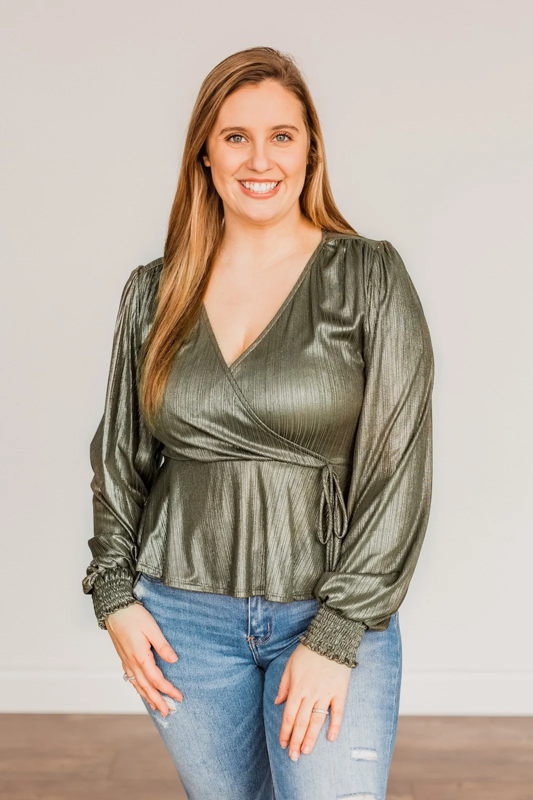 Popping Champagne Shimmering V-Neck Top- Olive