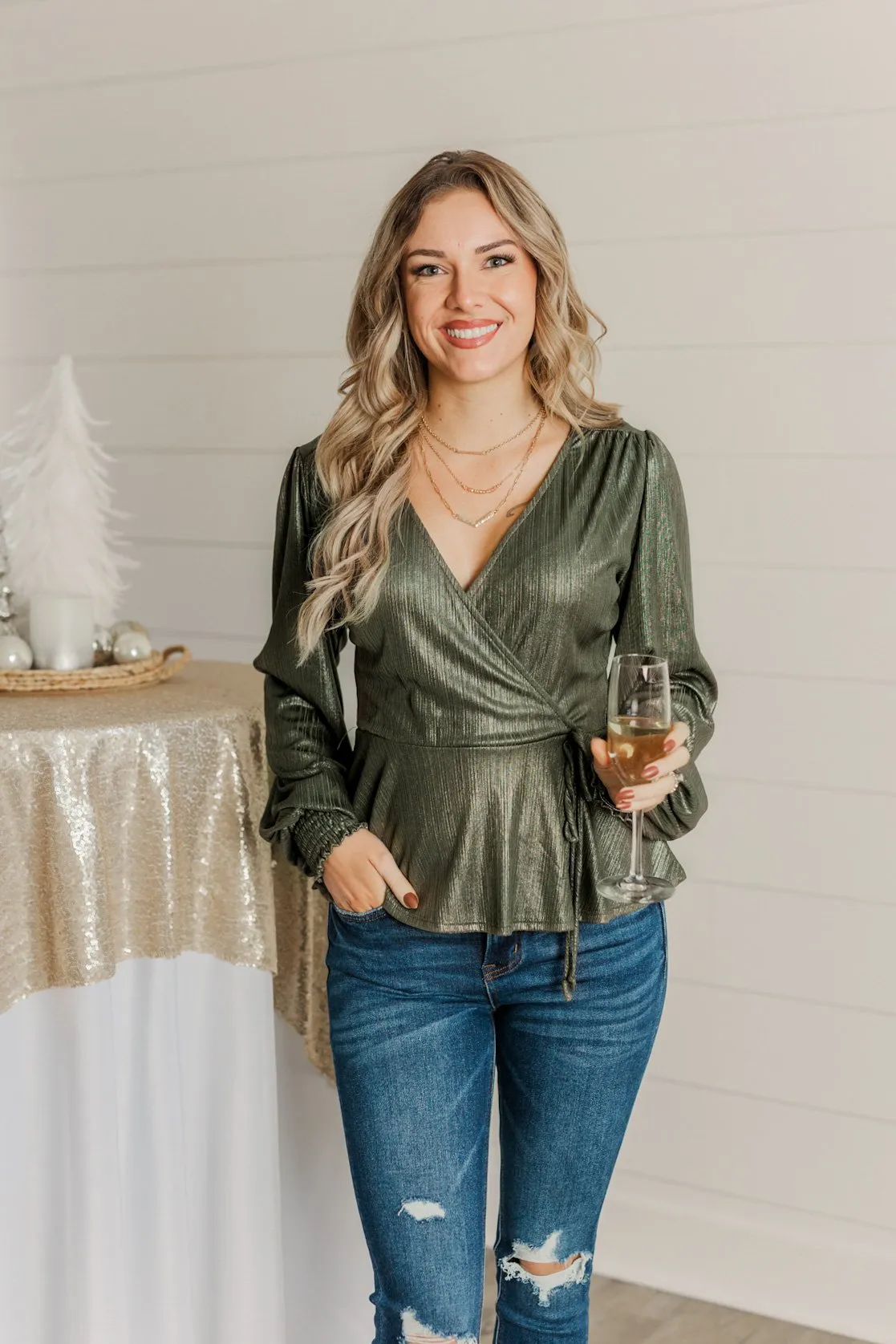 Popping Champagne Shimmering V-Neck Top- Olive