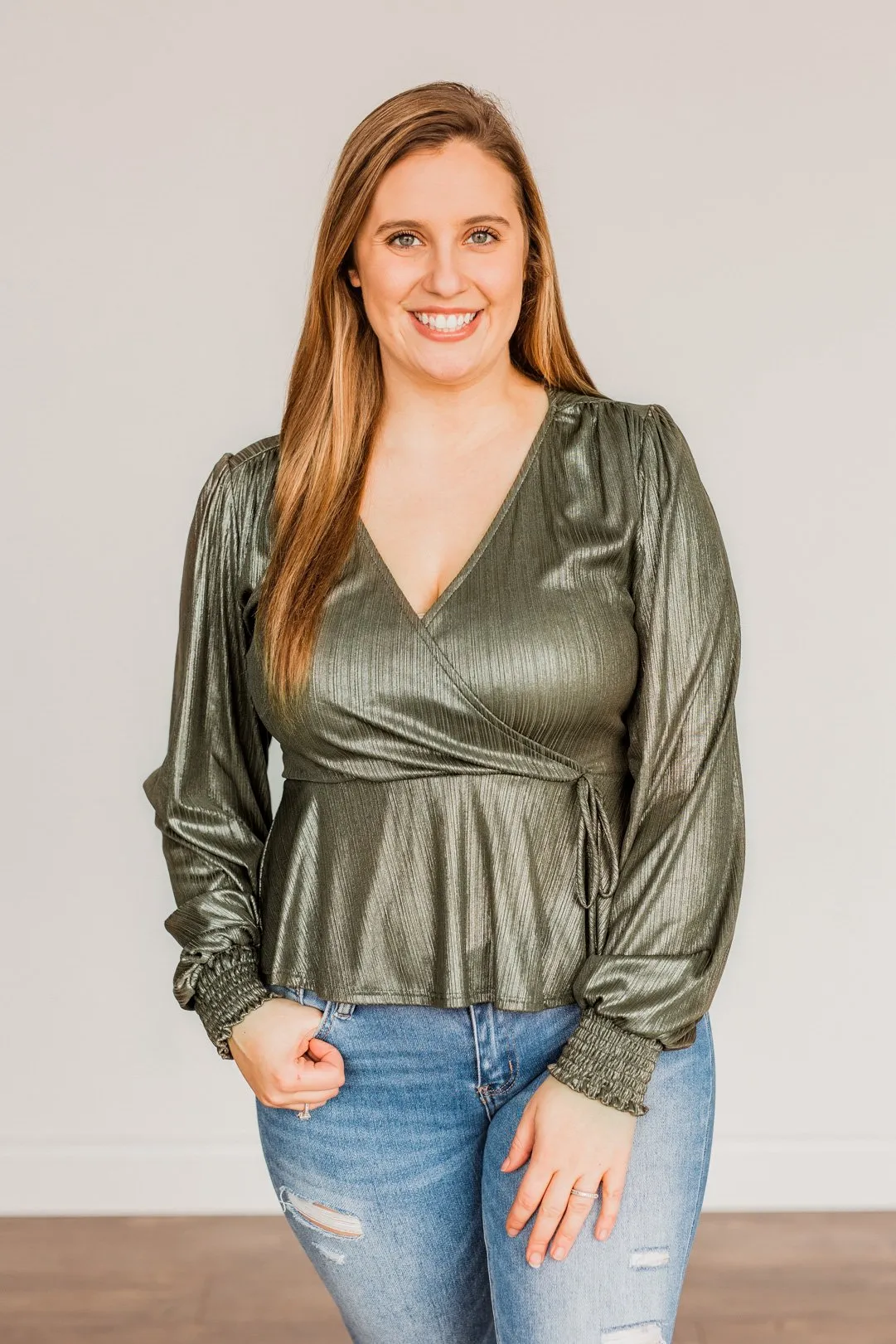 Popping Champagne Shimmering V-Neck Top- Olive