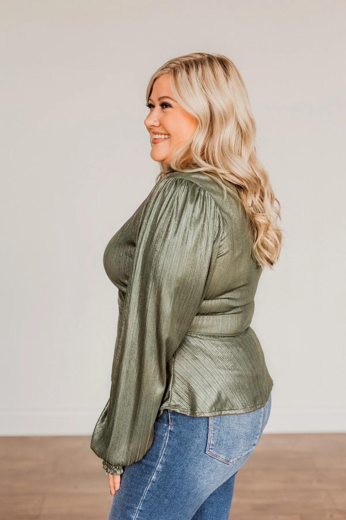 Popping Champagne Shimmering V-Neck Top- Olive