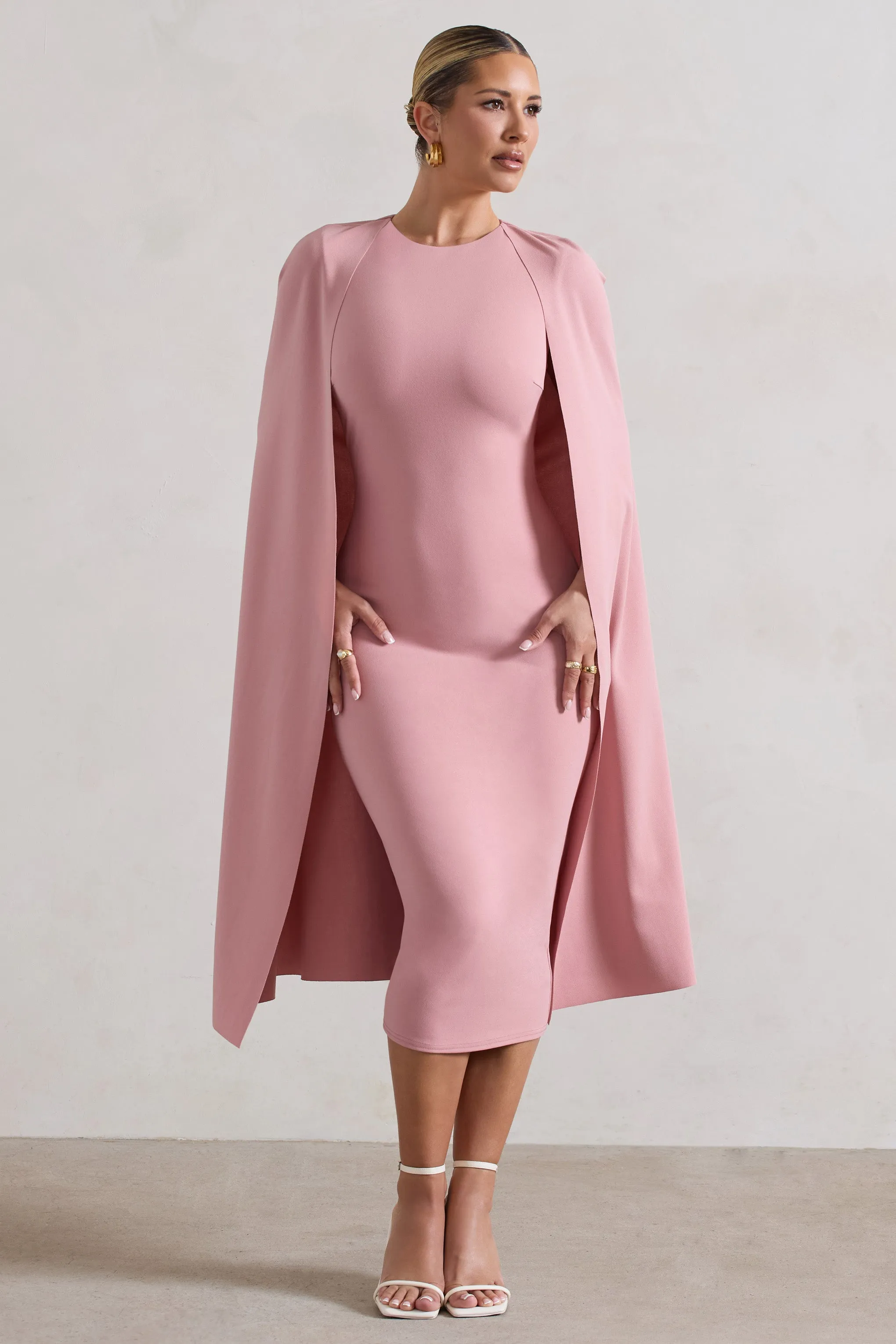 Rafaela | Blush Pink Bodycon Midi Dress With Cape Sleeves