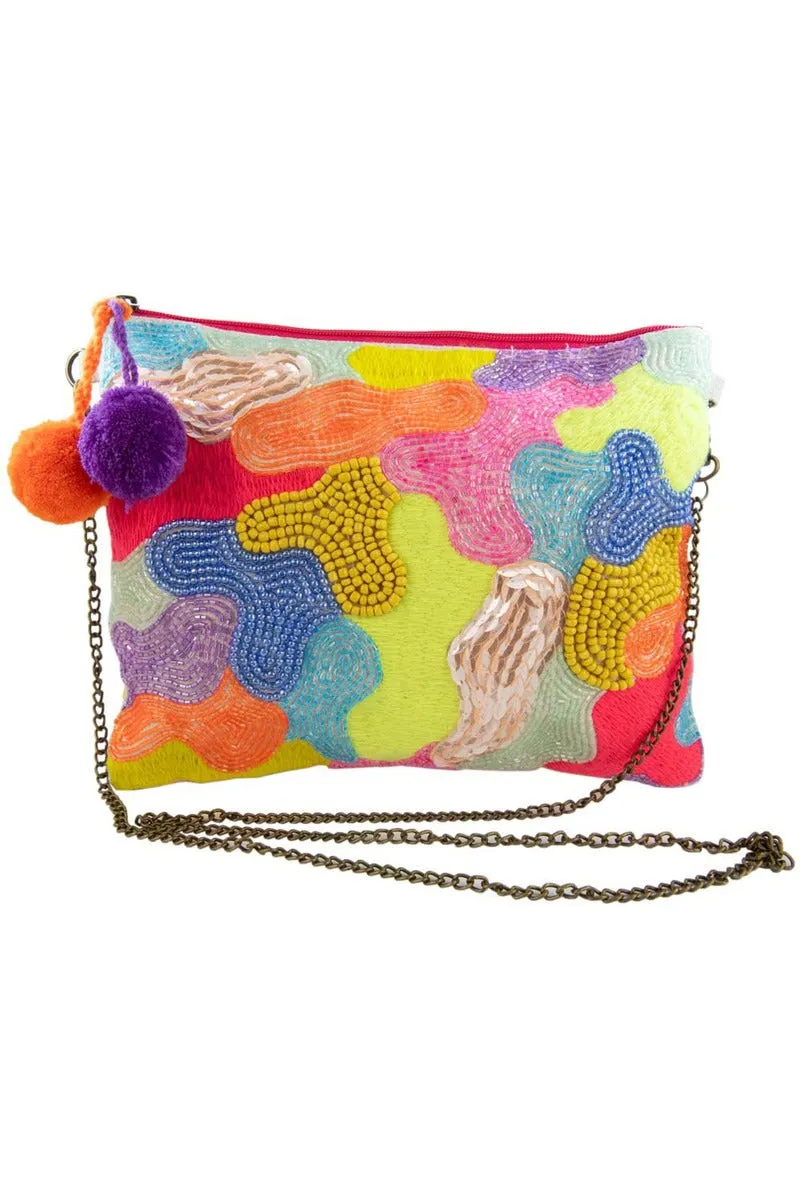 Rainbow Swirl Beaded Clutch with Pom Poms