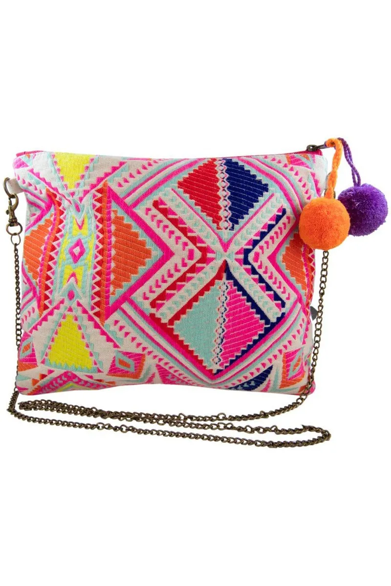 Rainbow Swirl Beaded Clutch with Pom Poms