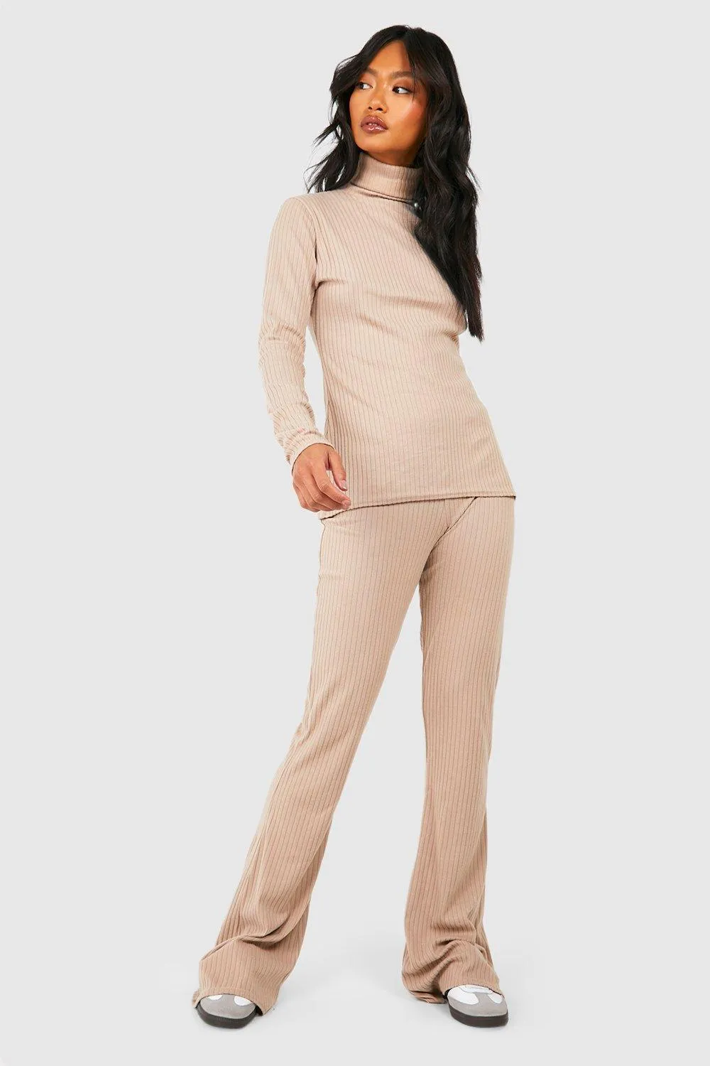 Rib Knit Turtleneck Split Hem Top And Pants Two-Piece