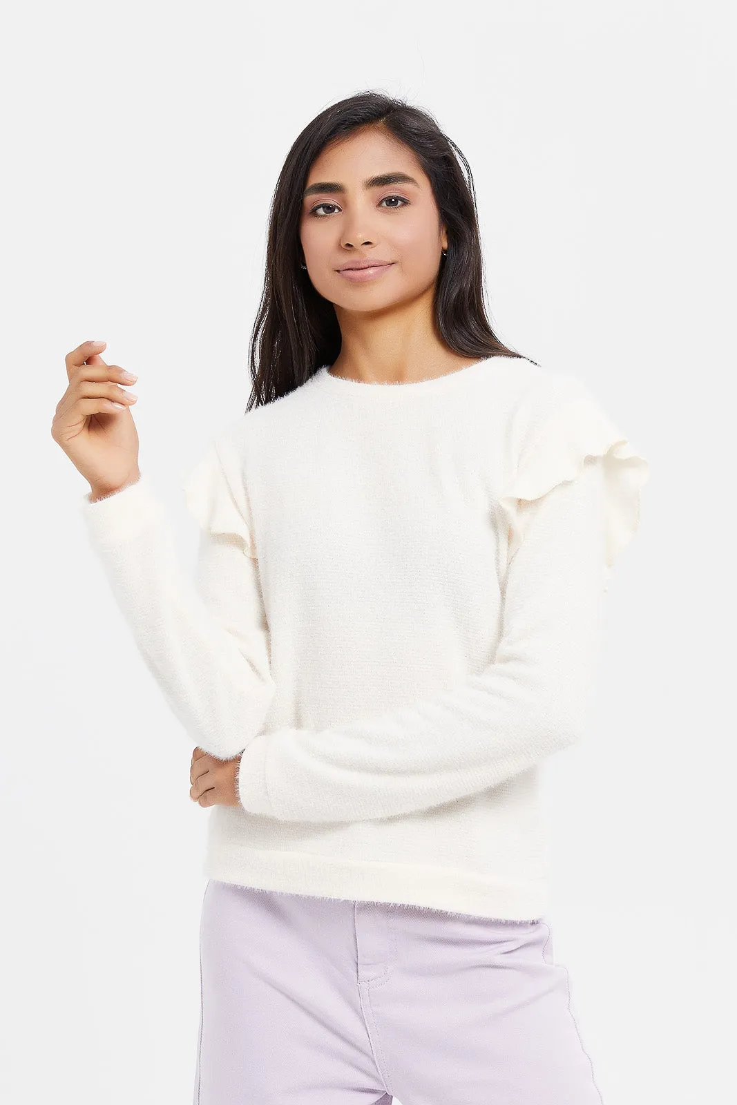 Senior Girls White Ruffled Sleeve Pullover