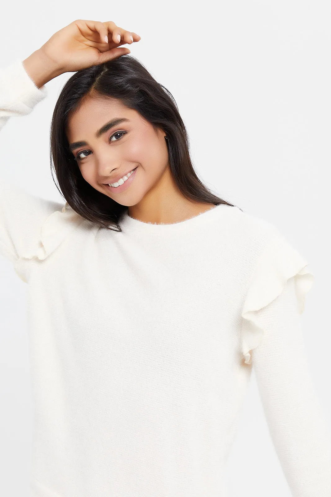 Senior Girls White Ruffled Sleeve Pullover