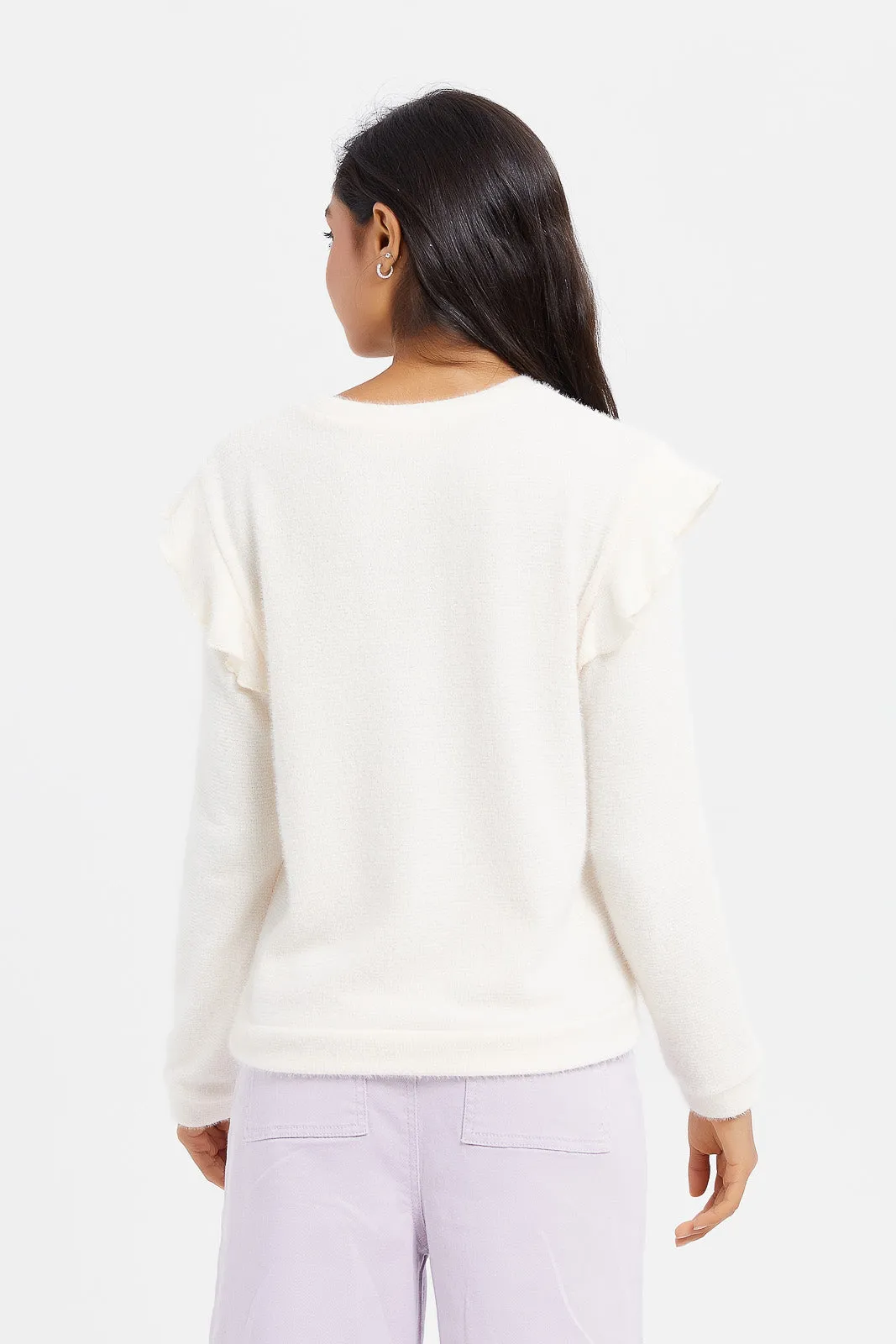 Senior Girls White Ruffled Sleeve Pullover