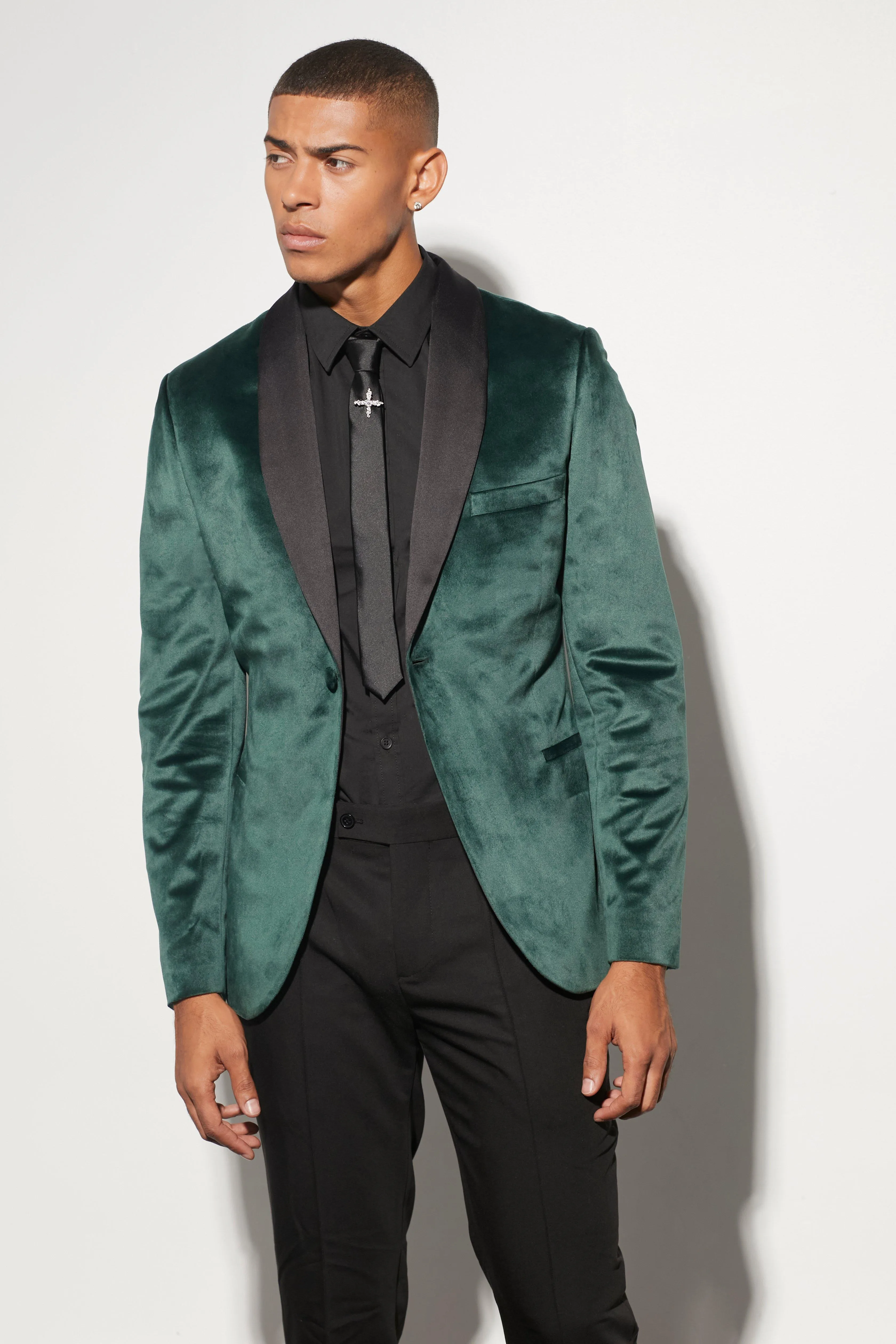 Skinny Velour Satin Shawl Lapel Blazer