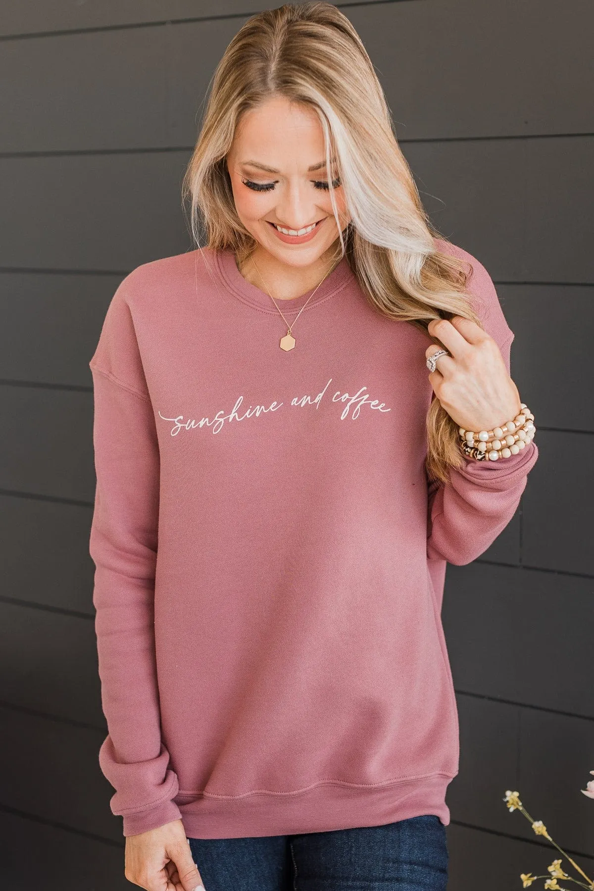 Sunshine & Coffee Crew Neck Pullover- Mauve