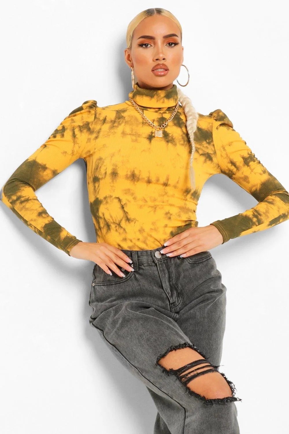 Tie Dye Turtleneck Puff Sleeve Top