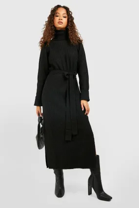 Turtleneck Belted Knitted Midi Dress