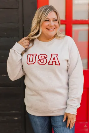 USA Graphic Crew Neck Pullover- Heather Oatmeal