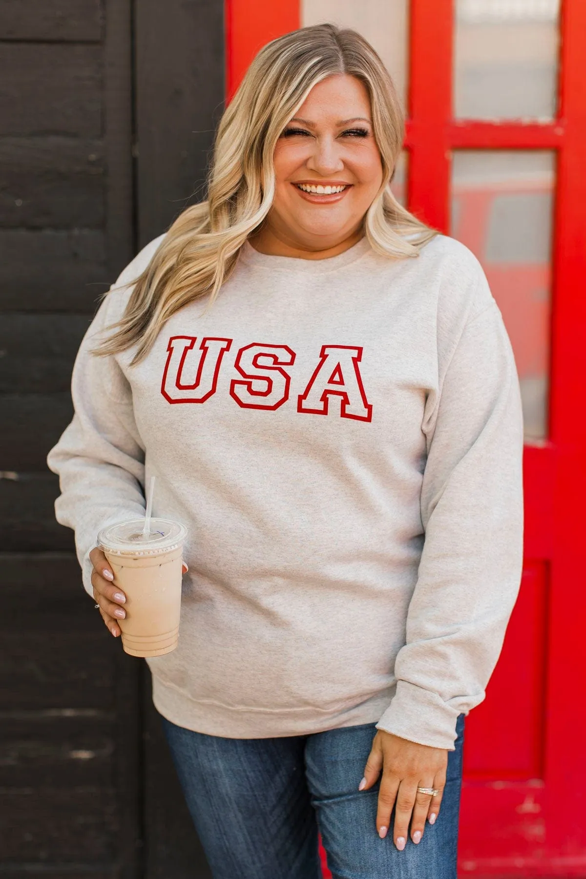 USA Graphic Crew Neck Pullover- Heather Oatmeal