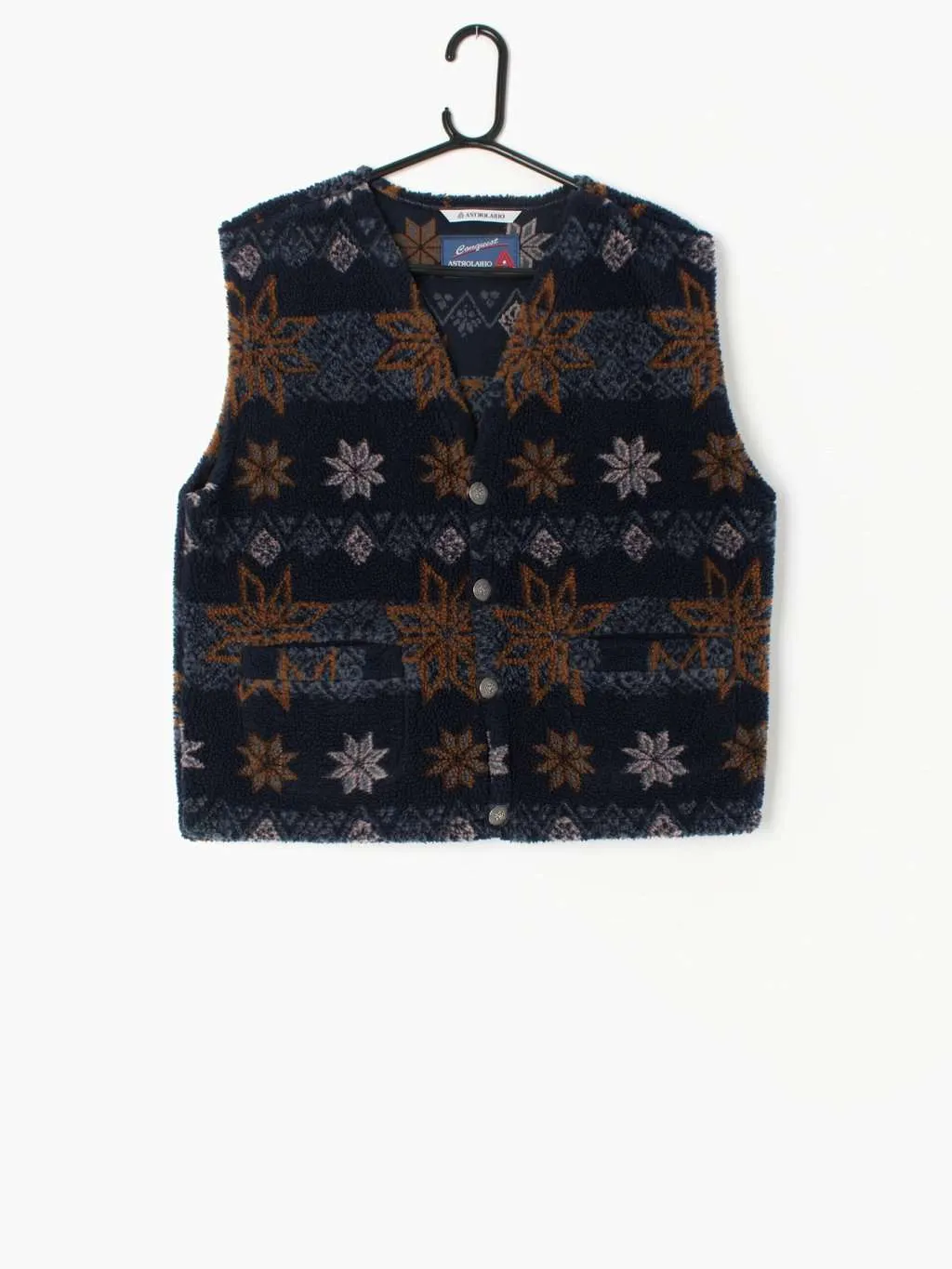 Vintage fleece vest waistcoat with festive snowflake pattern in rust orange and pink – Medium / Large