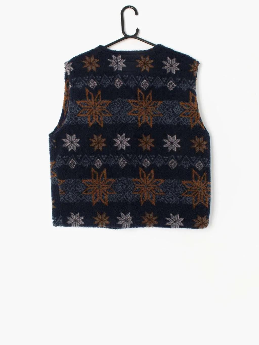 Vintage fleece vest waistcoat with festive snowflake pattern in rust orange and pink – Medium / Large