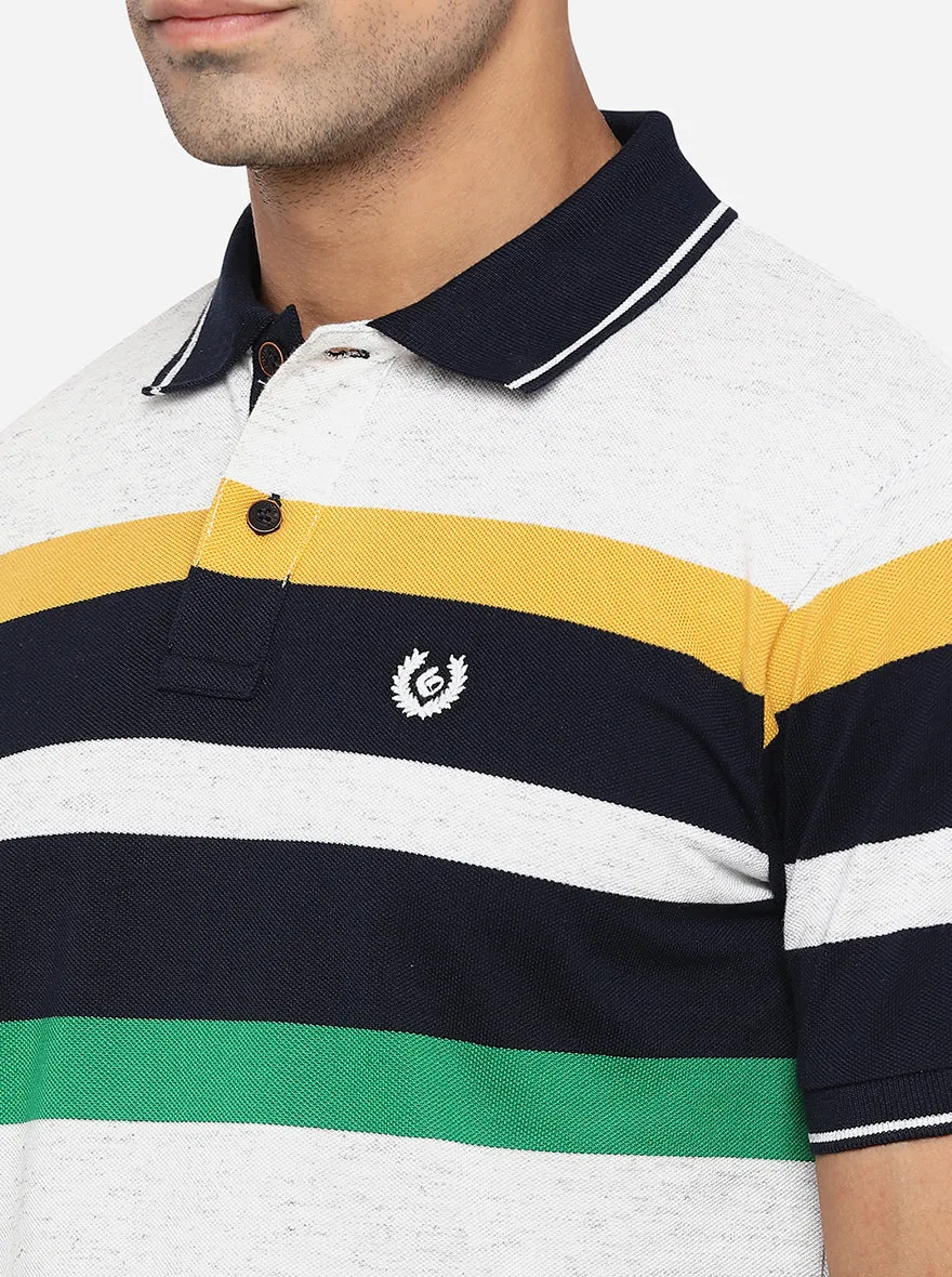 White & Peacoat Blue Striped Slim Fit Polo T-Shirt | Greenfibre