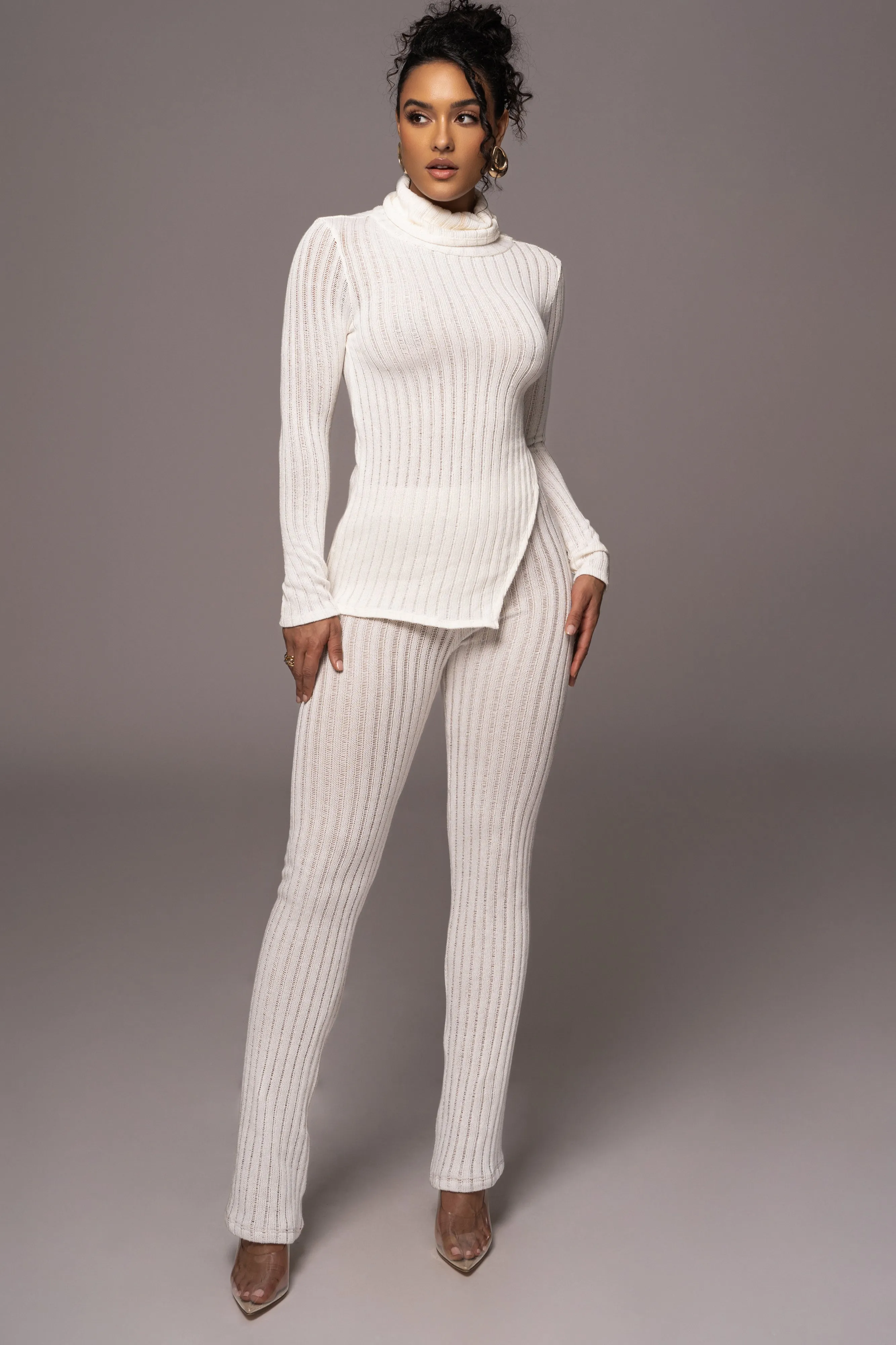 White One Call Away Ribbed Turtleneck Top