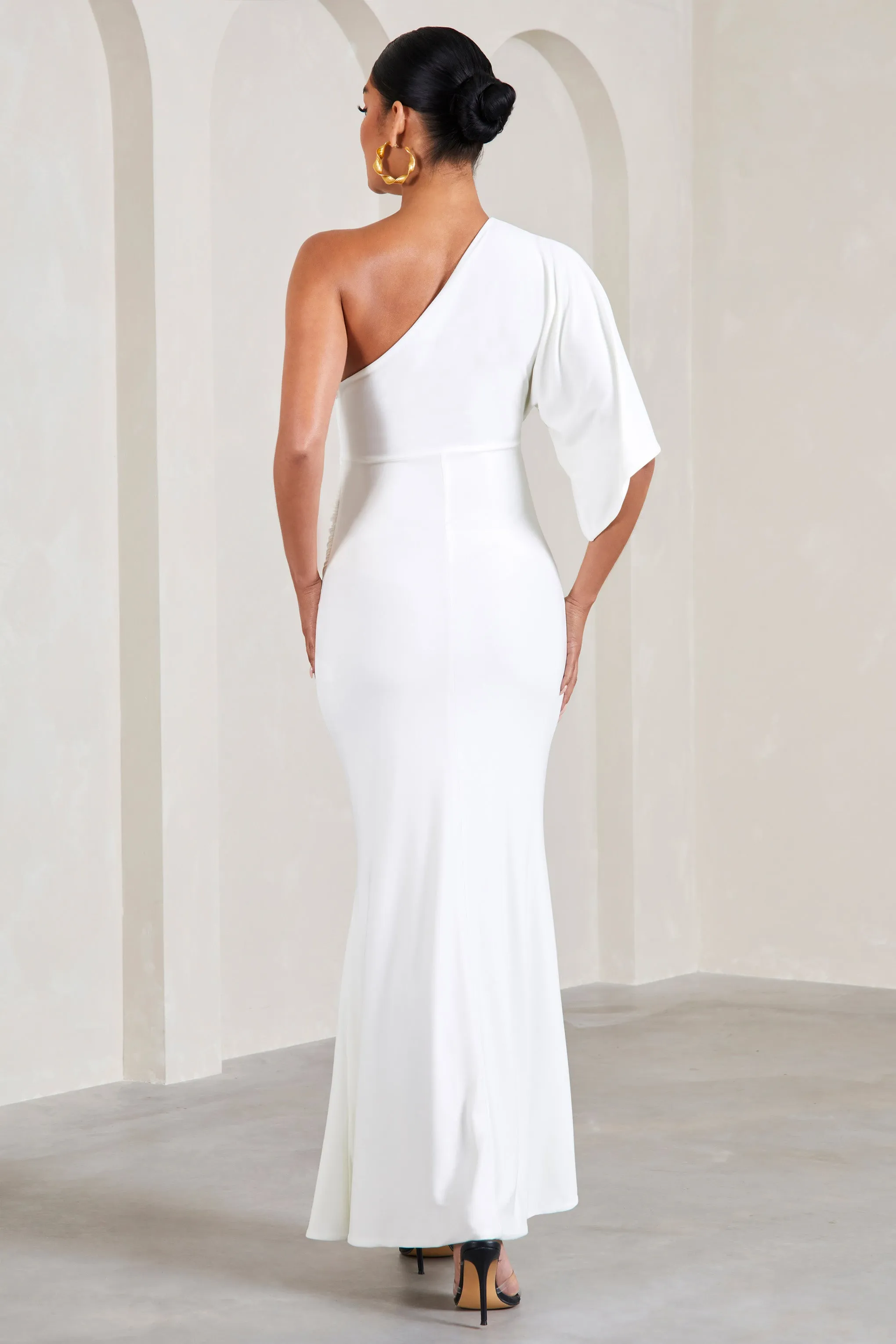 Wisdom | White Ruched Asymmetric One-Shoulder Maternity Maxi Dress