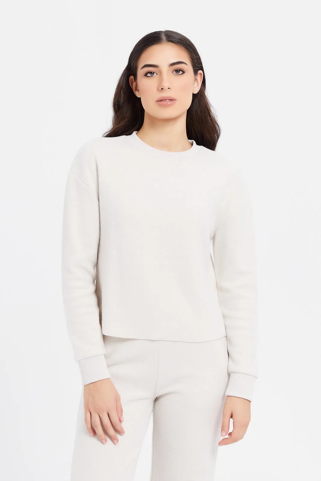 Women Ecru Brushed Crew Neck Pullover