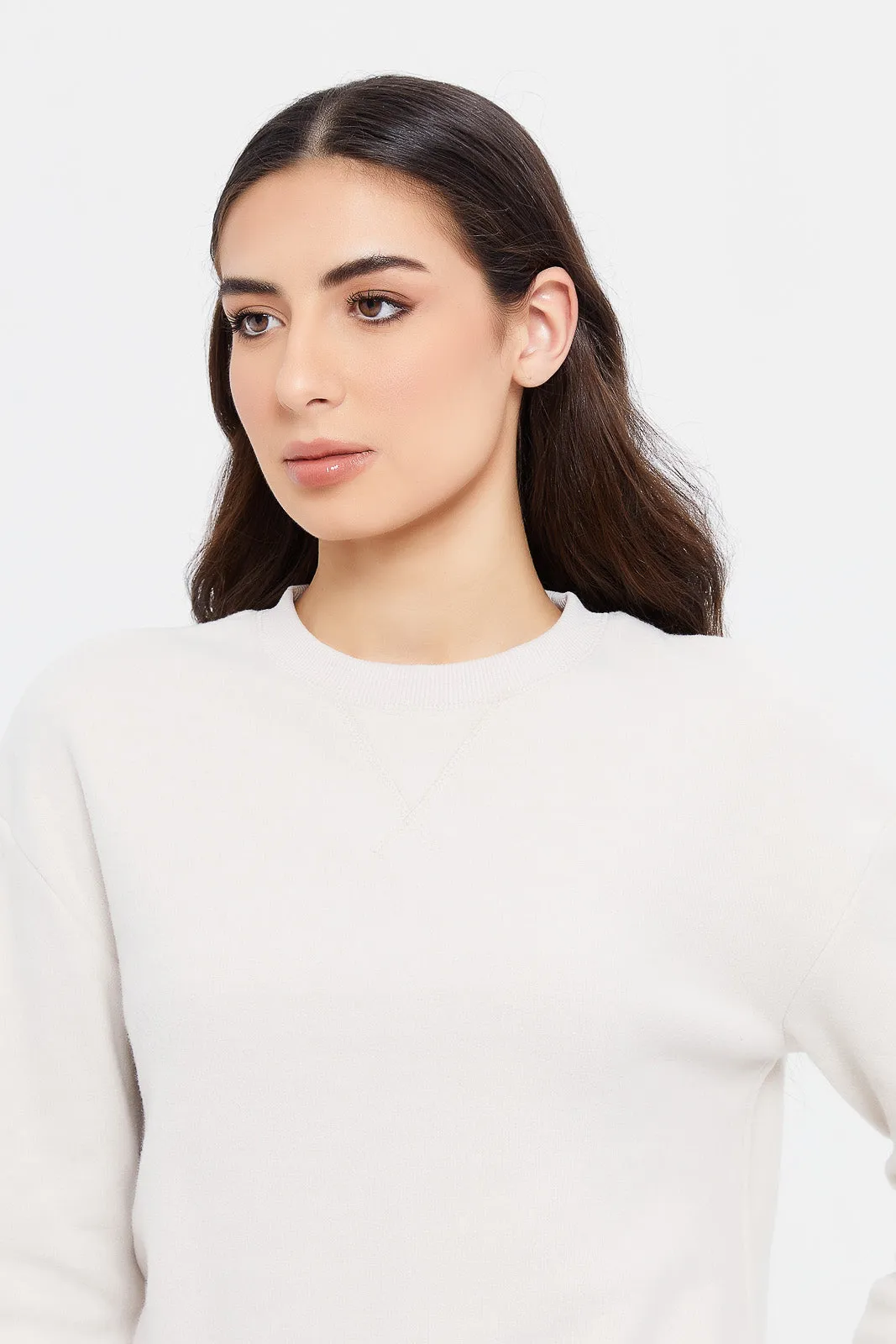 Women Ecru Brushed Crew Neck Pullover