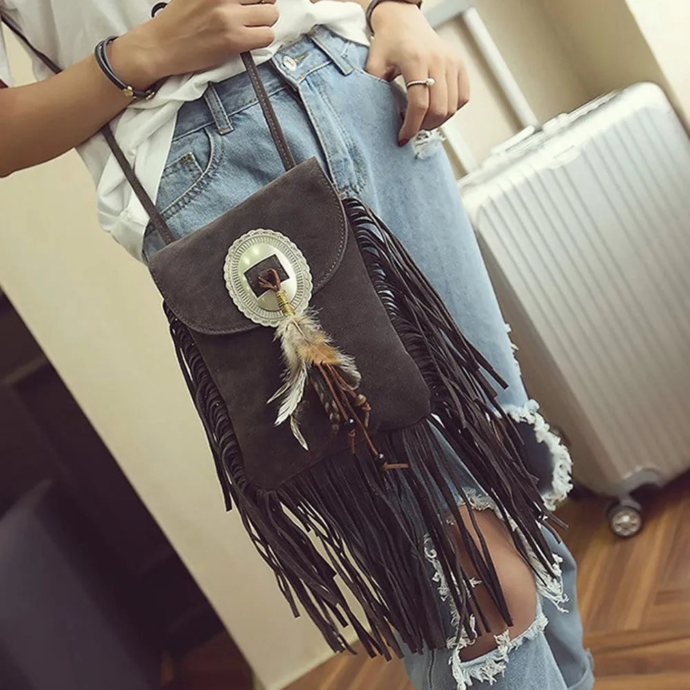 Women leather feather Fringe Tassel Shoulder Bag Crossbody Bag Messenger Hbag Satchel bolsos mujer hbags