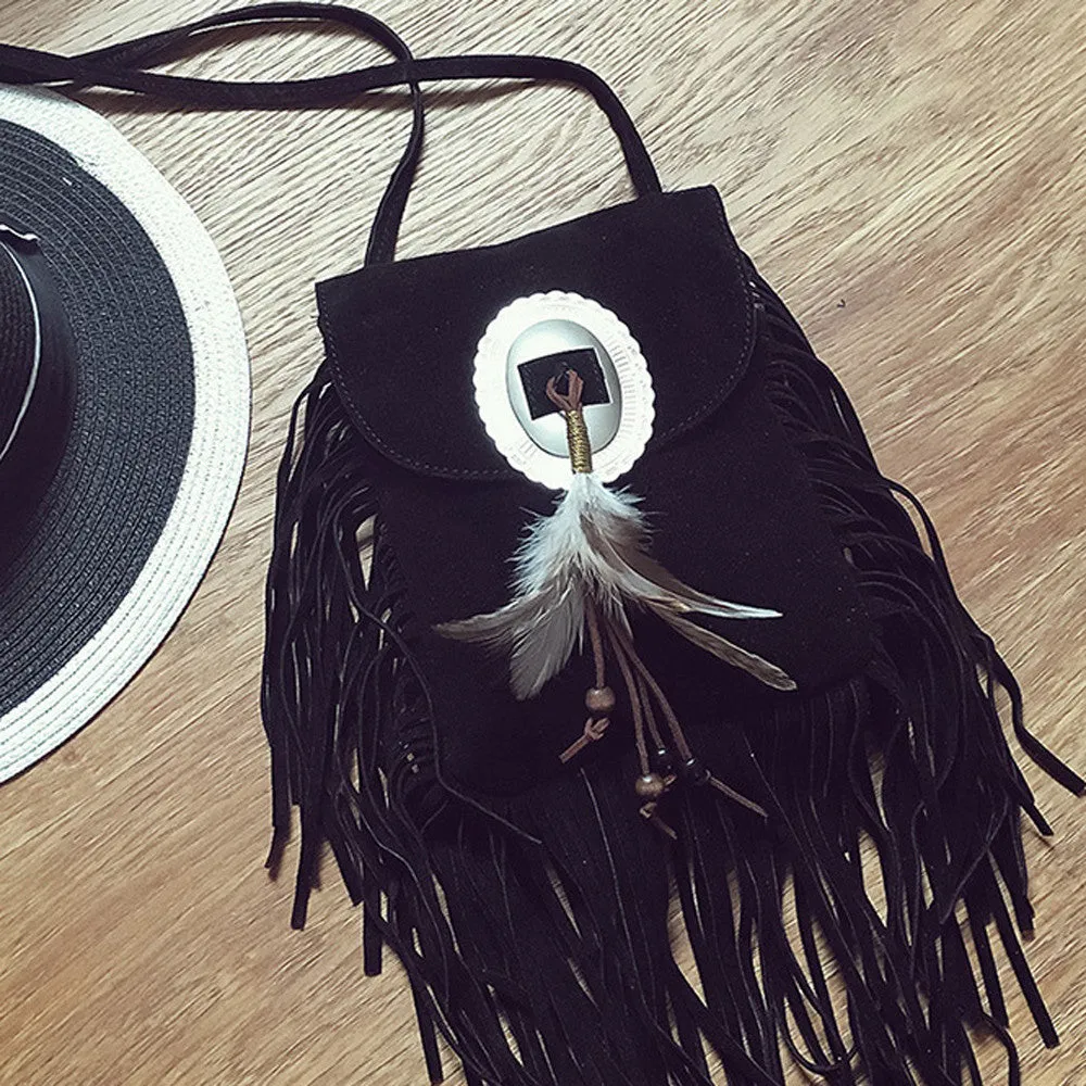 Women leather feather Fringe Tassel Shoulder Bag Crossbody Bag Messenger Hbag Satchel bolsos mujer hbags