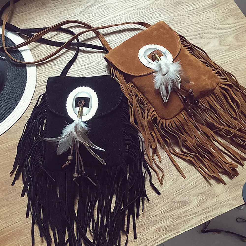 Women leather feather Fringe Tassel Shoulder Bag Crossbody Bag Messenger Hbag Satchel bolsos mujer hbags