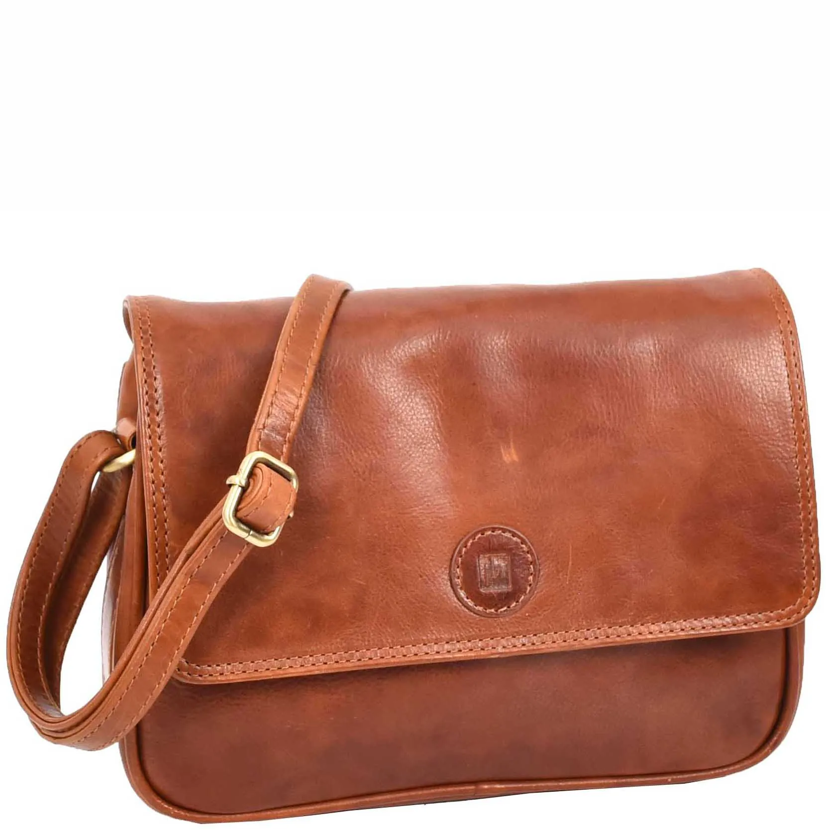 Womens Cross Body Real Leather Messenger Bag Flap HOL7002 Cognac