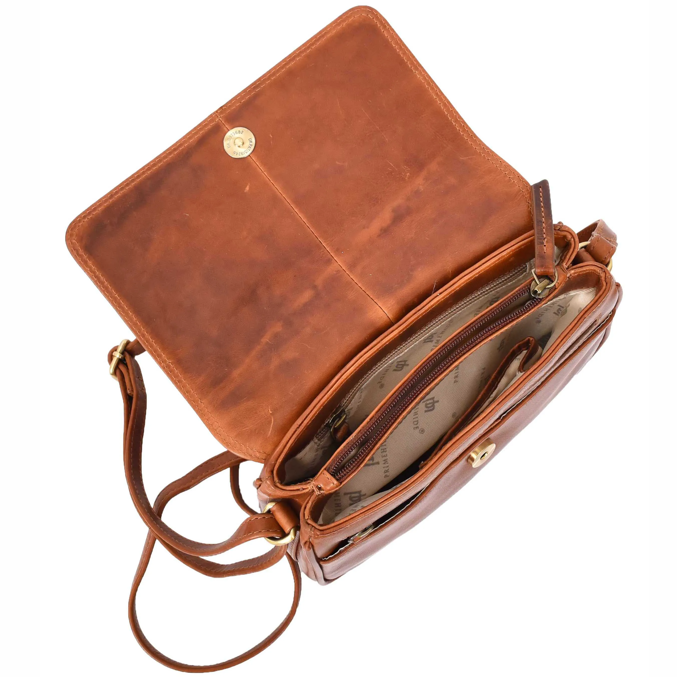 Womens Cross Body Real Leather Messenger Bag Flap HOL7002 Cognac