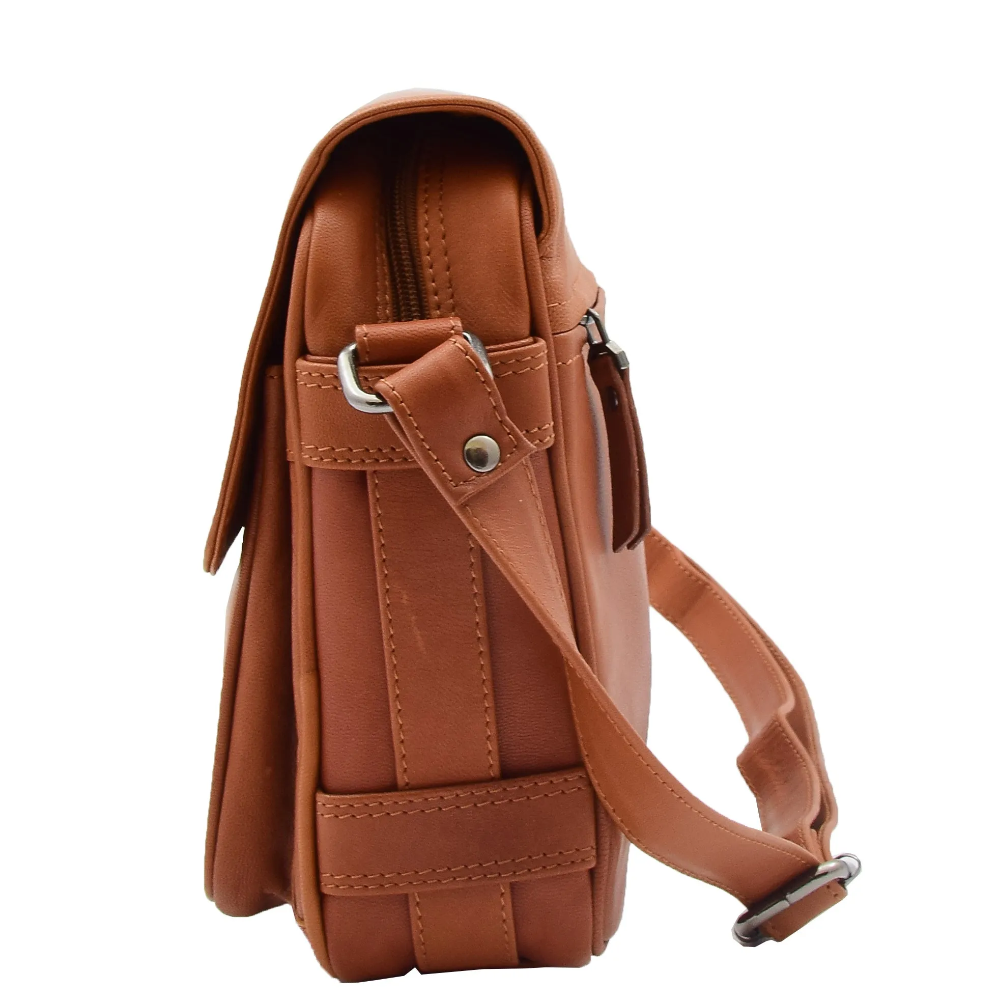 Womens Cross Body Real Leather Messenger Bag Flap Over Organiser HOL325 Cognac