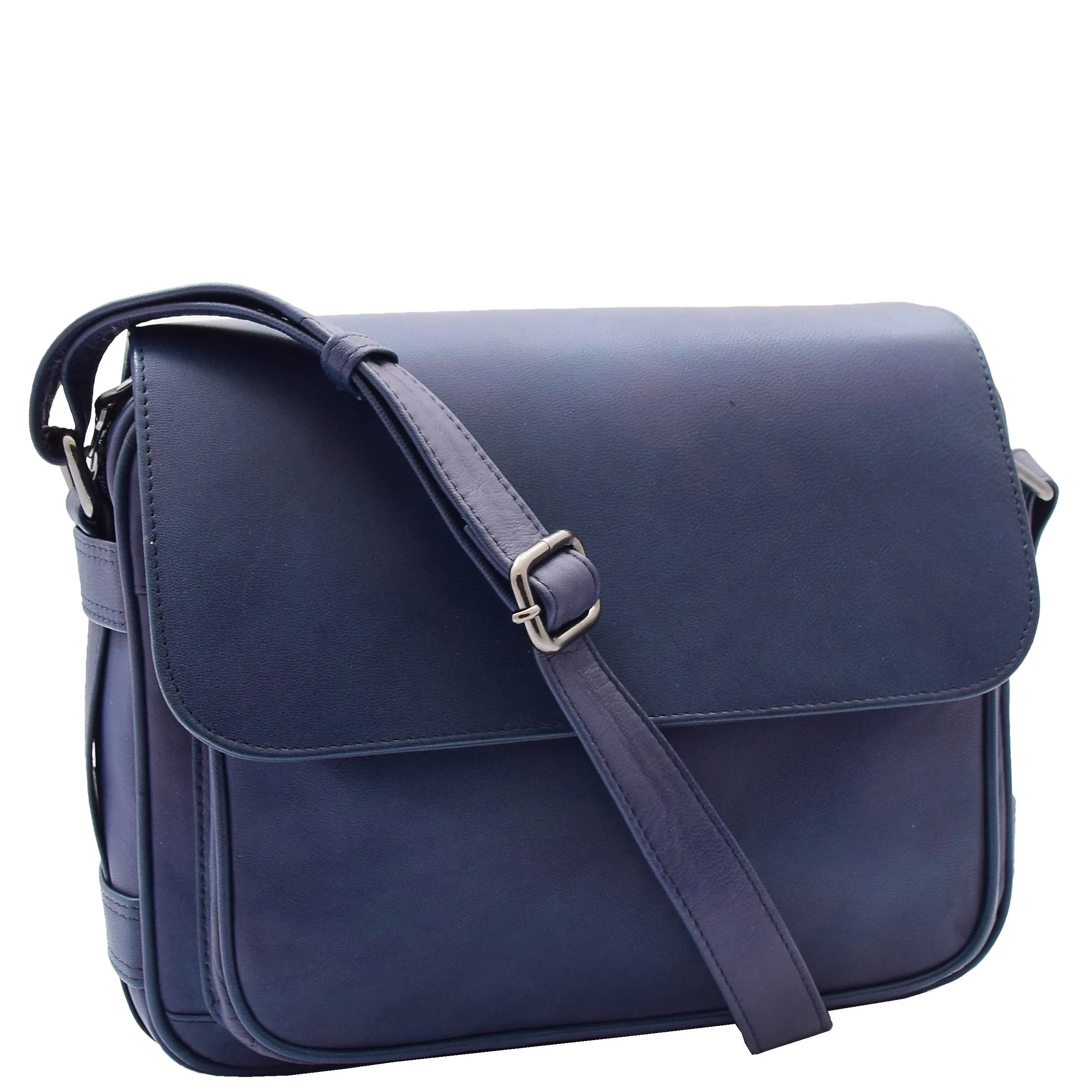 Womens Cross Body Real Leather Messenger Bag Flap Over Organiser HOL325 Navy