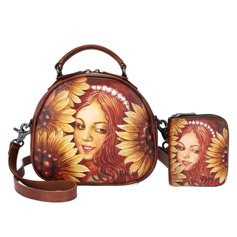 Women's Genuine Leather Painted Pattern Shoulder Handbag with Wallet